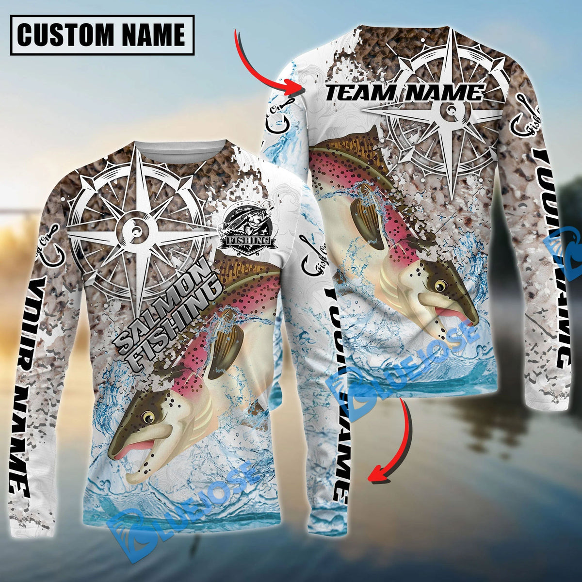 BlueJose Salmon Fishing Scale Pattern Splash Art Custom Name & Team Name 3D Shirts