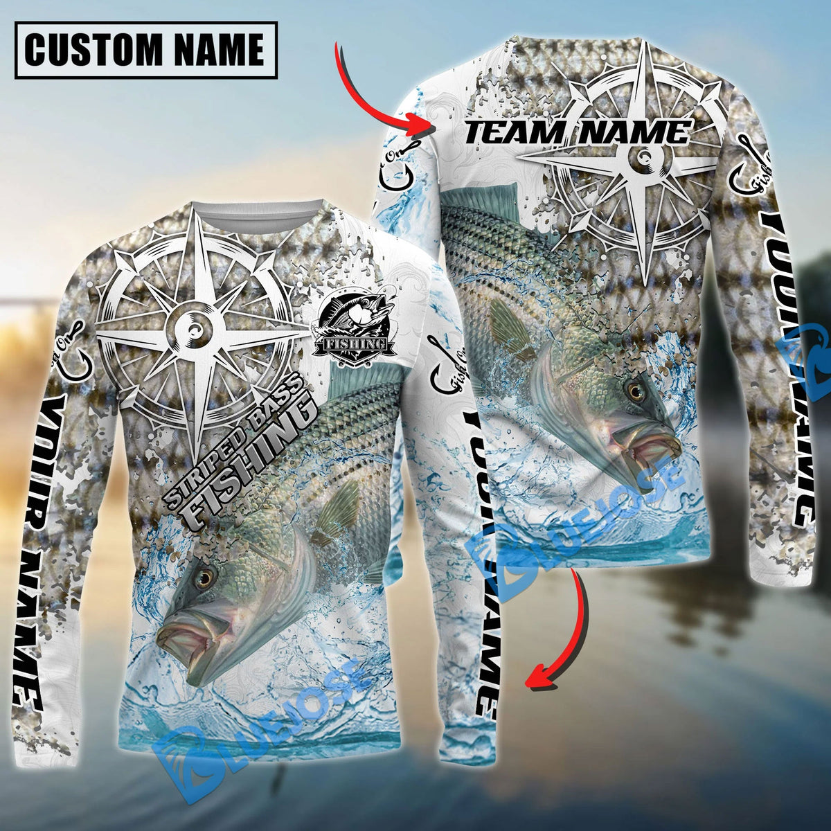 BlueJose Striped Bass Fishing Scale Pattern Splash Art Custom Name & Team Name 3D Shirts