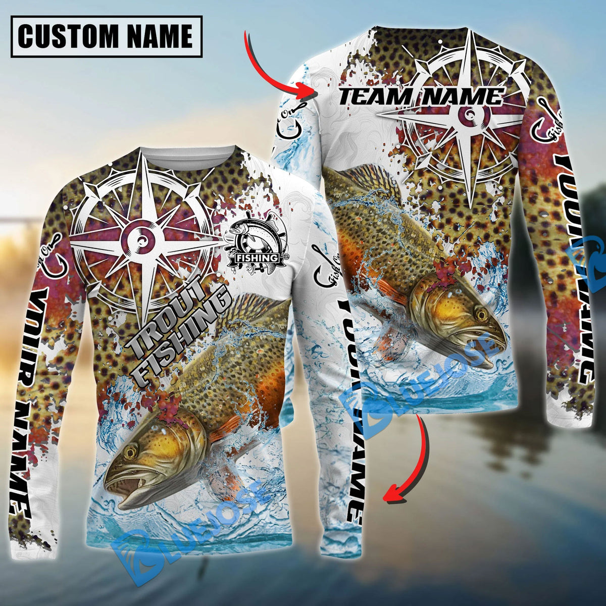 BlueJose Trout Fishing Scale Pattern Splash Art Custom Name & Team Name 3D Shirts