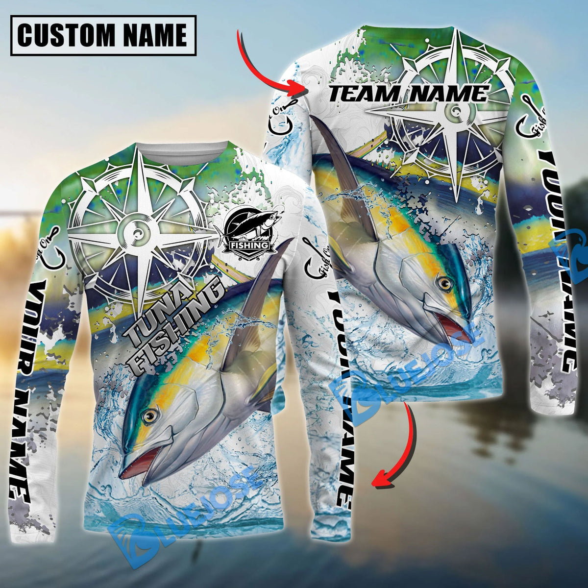 BlueJose Tuna Fishing Scale Pattern Splash Art Custom Name & Team Name 3D Shirts