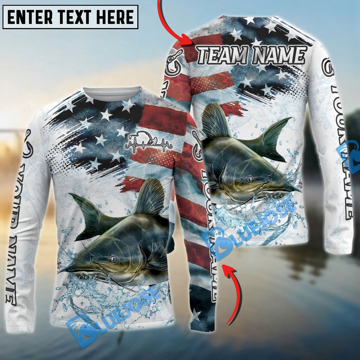 BlueJose Catfish Fishing Patriotic Water Splash Theme Custom Name & Team Name 3D Shirts