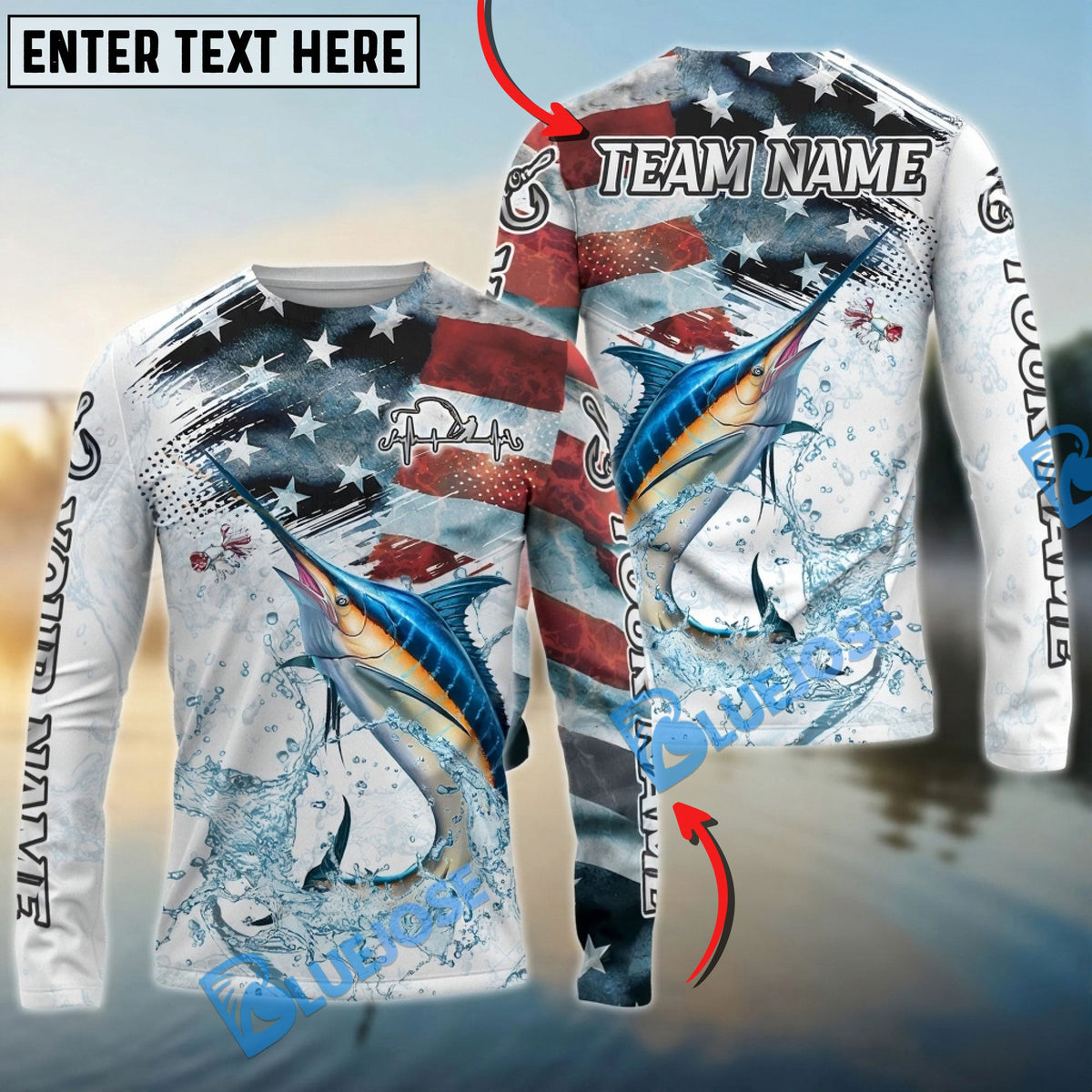 BlueJose Marlin Fishing Patriotic Water Splash Theme Custom Name & Team Name 3D Shirts