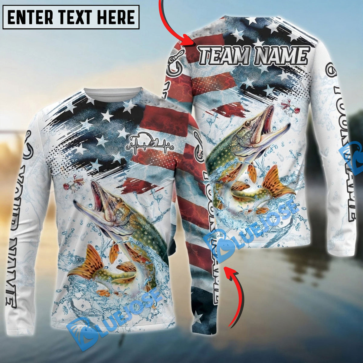 BlueJose Pike Fishing Patriotic Water Splash Theme Custom Name & Team Name 3D Shirts