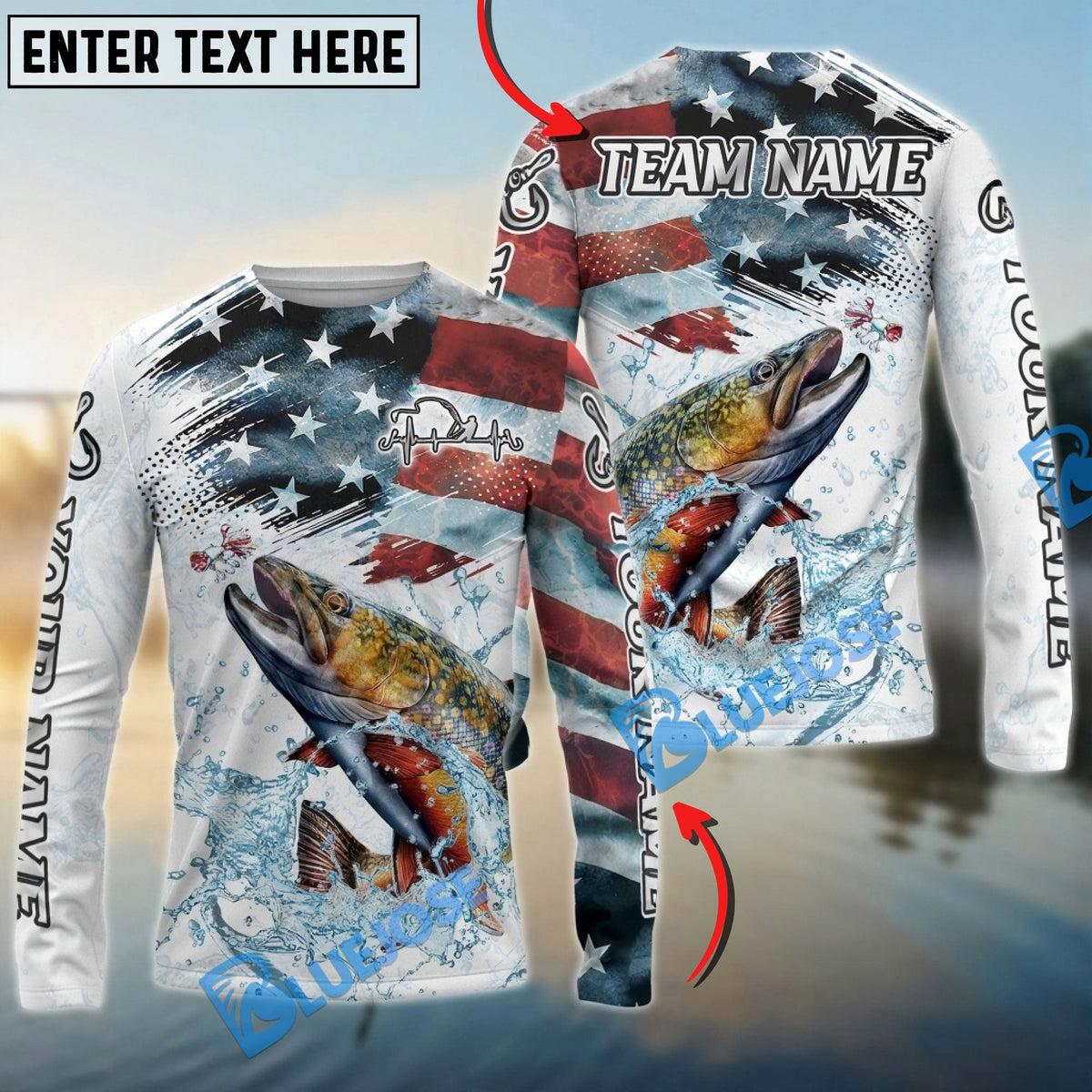 BlueJose Trout Fishing Patriotic Water Splash Theme Custom Name & Team Name 3D Shirts