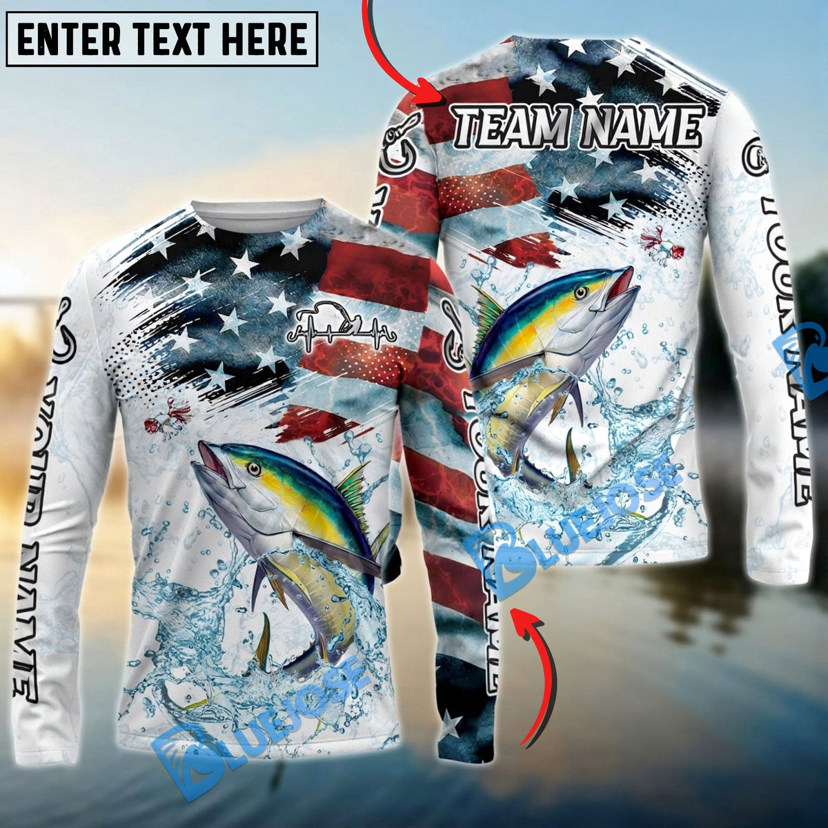BlueJose Tuna Fishing Patriotic Water Splash Theme Custom Name & Team Name 3D Shirts