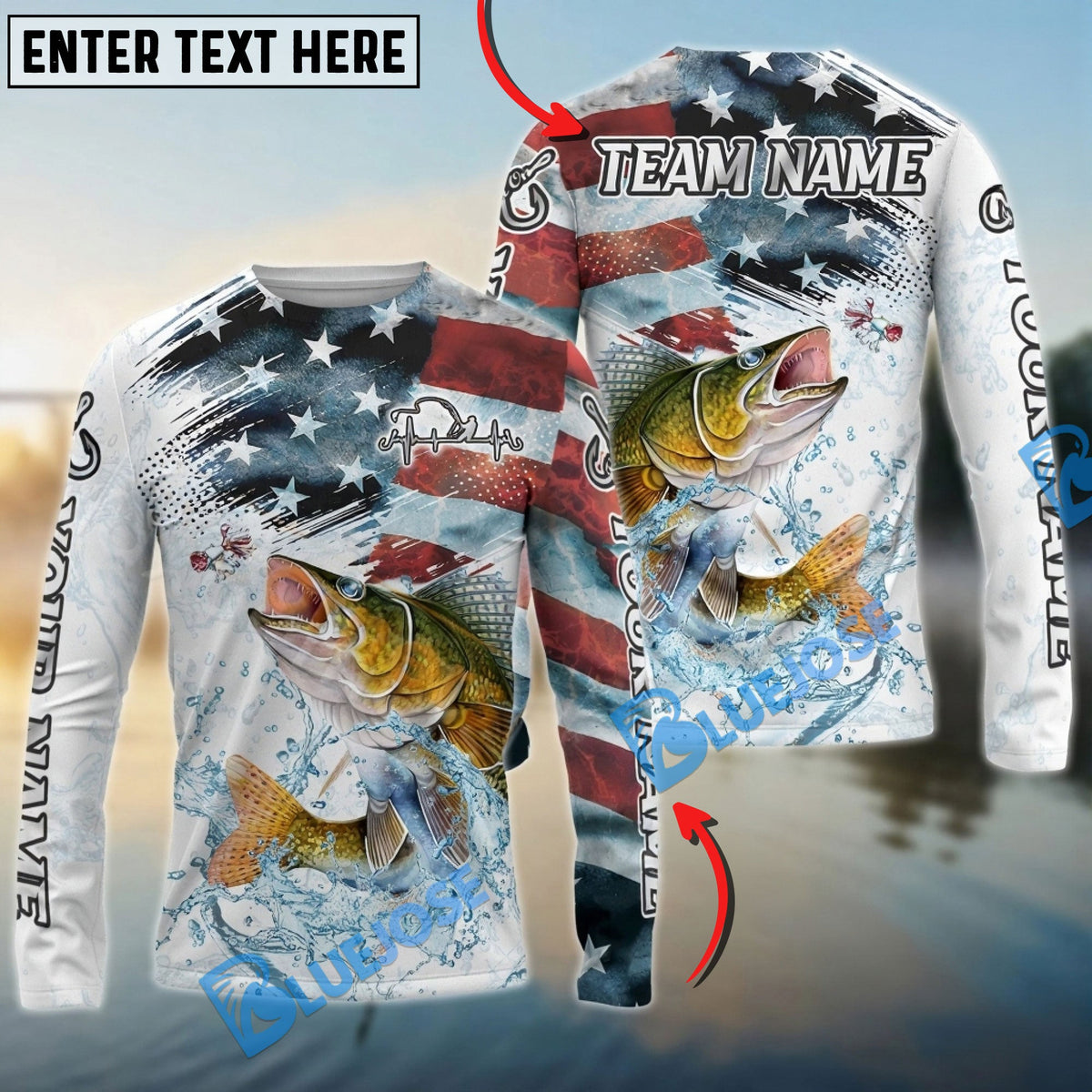 BlueJose Walleye Fishing Patriotic Water Splash Theme Custom Name & Team Name 3D Shirts