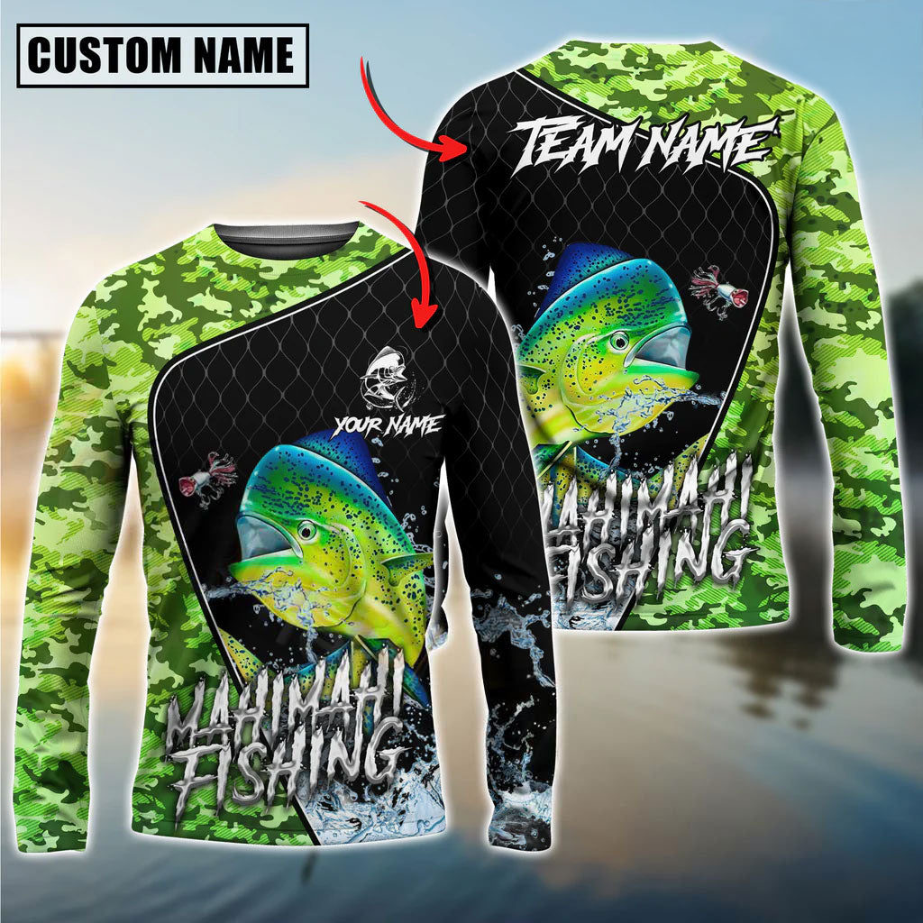 BlueJose Mahi Mahi Fishing Camo Grid Water Pattern Graphic Custom Name & Team Name 3D Shirts