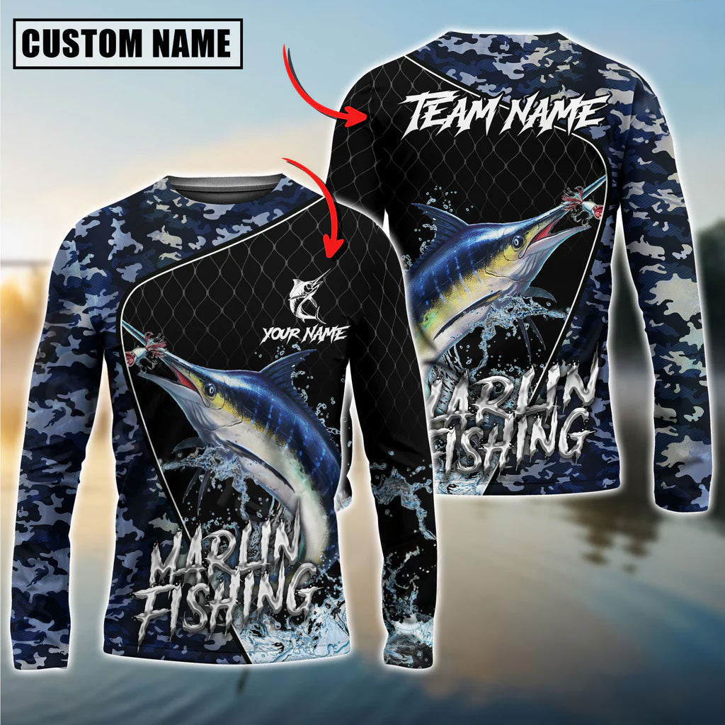 BlueJose Marlin Fishing Camo Grid Water Pattern Graphic Custom Name & Team Name 3D Shirts