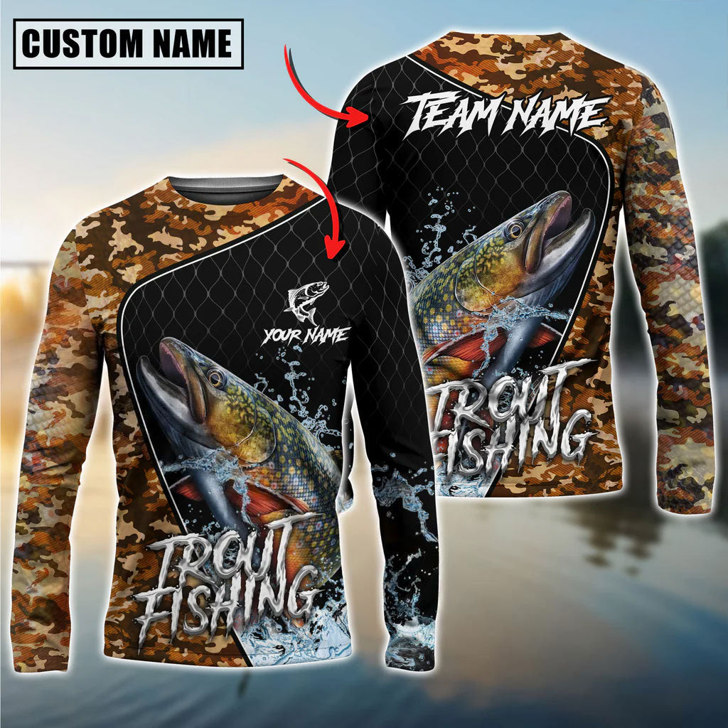 BlueJose Trout Fishing Camo Grid Water Pattern Custom Name & Team Name 3D Shirts
