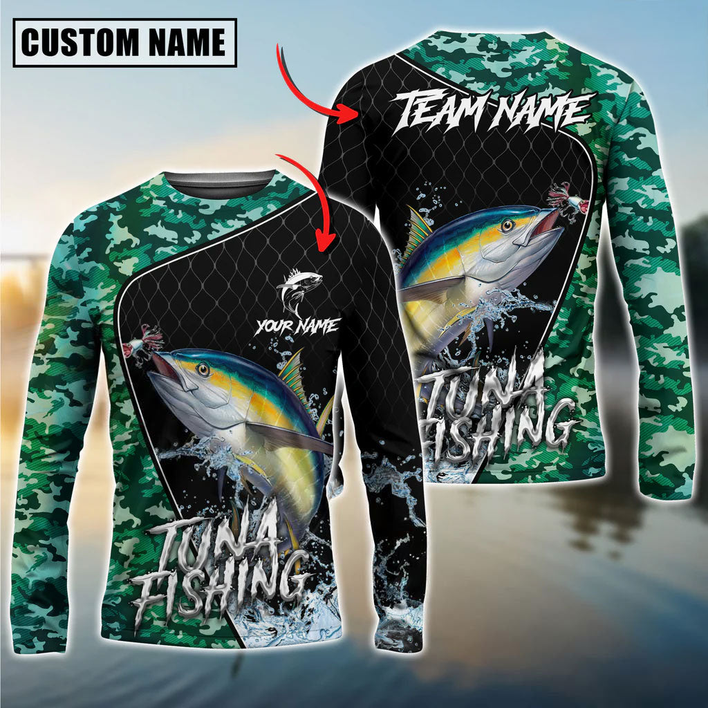 BlueJose Tuna Fishing Camo Grid Water Pattern Custom Name & Team Name 3D Shirts