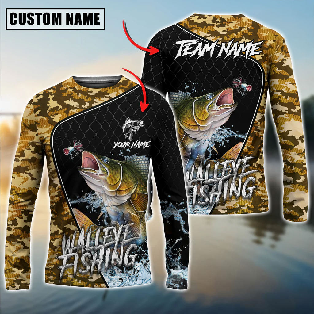 BlueJose Walleye Fishing Camo Grid Water Pattern Custom Name & Team Name 3D Shirts