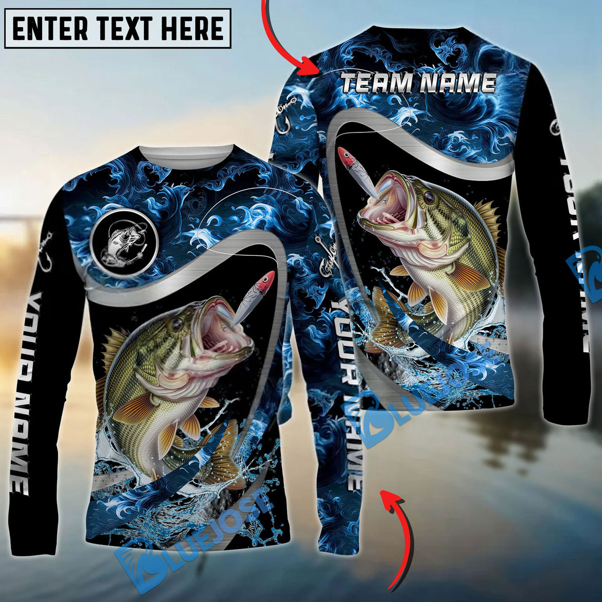 BlueJose Bass Fishing Ocean Wave Predator Custom Name & Team Name 3D Shirts