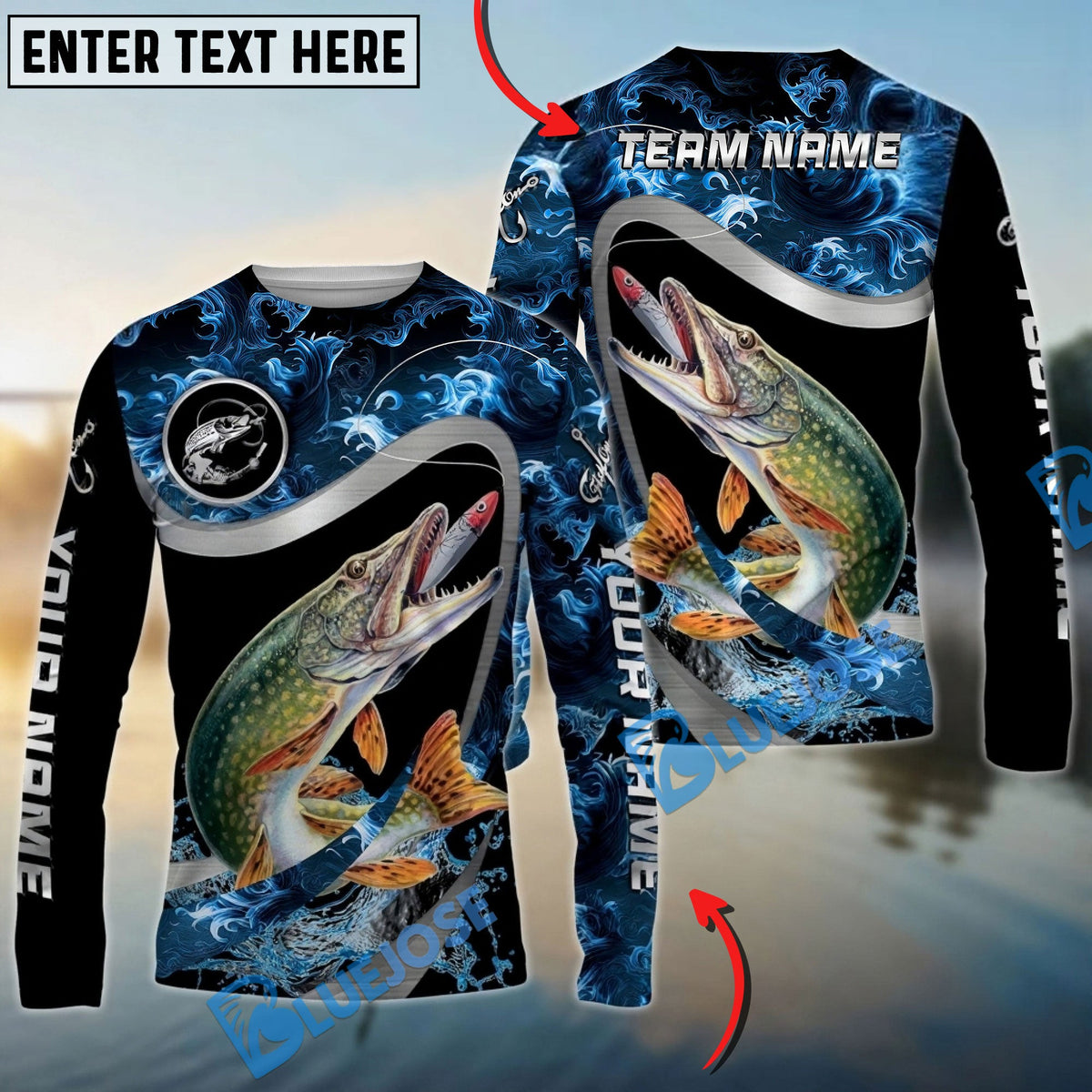 BlueJose Pike Fishing Ocean Wave Predator Custom Name & Team Name 3D Shirts