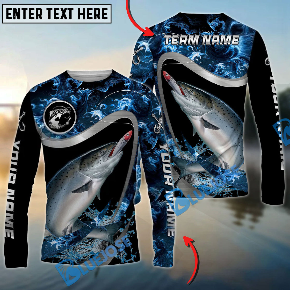 BlueJose Salmon Fishing Ocean Wave Predator Custom Name & Team Name 3D Shirts