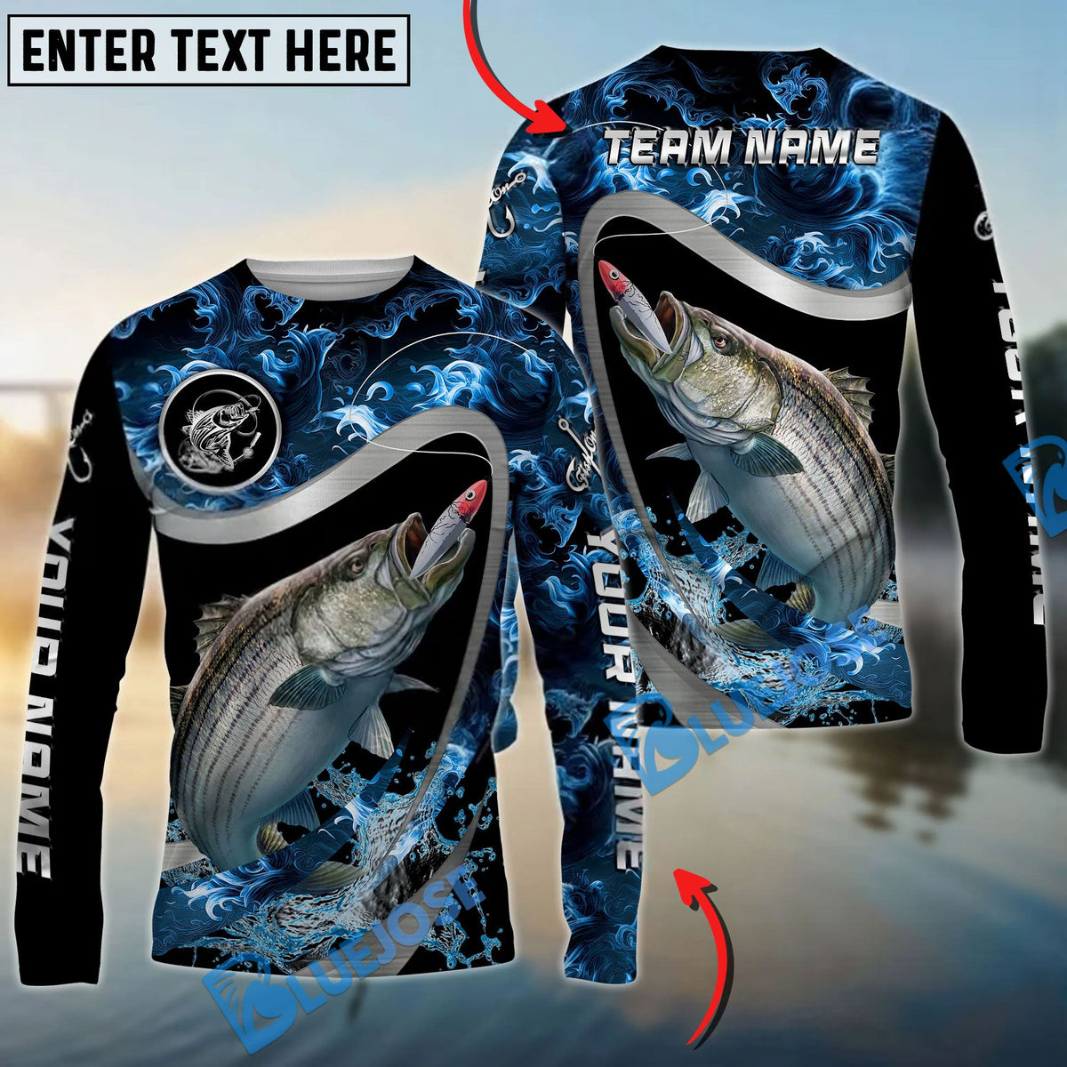 BlueJose Striped Bass Fishing Ocean Wave Predator Custom Name & Team Name 3D Shirts
