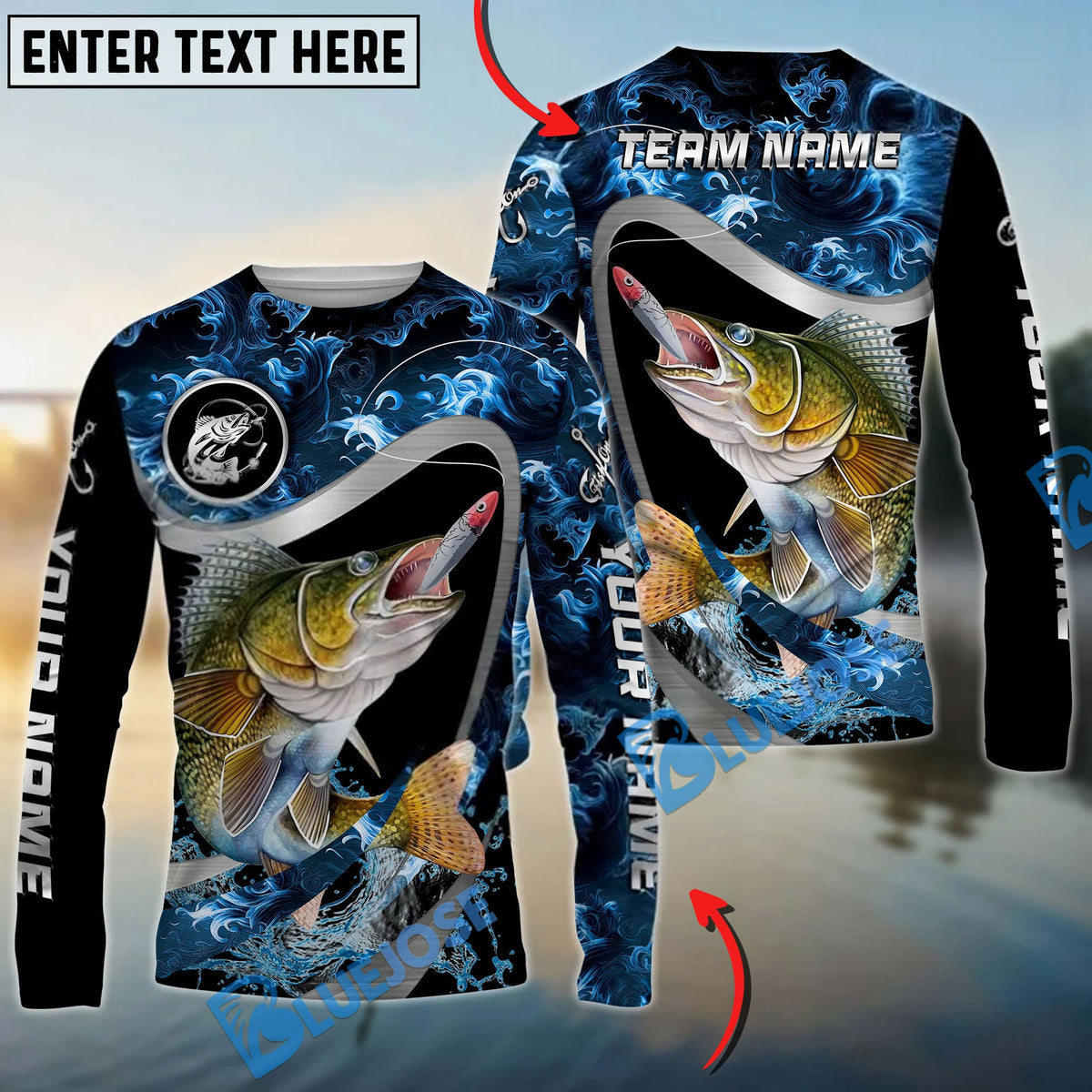 BlueJose Walleye Fishing Ocean Wave Predator Custom Name & Team Name 3D Shirts