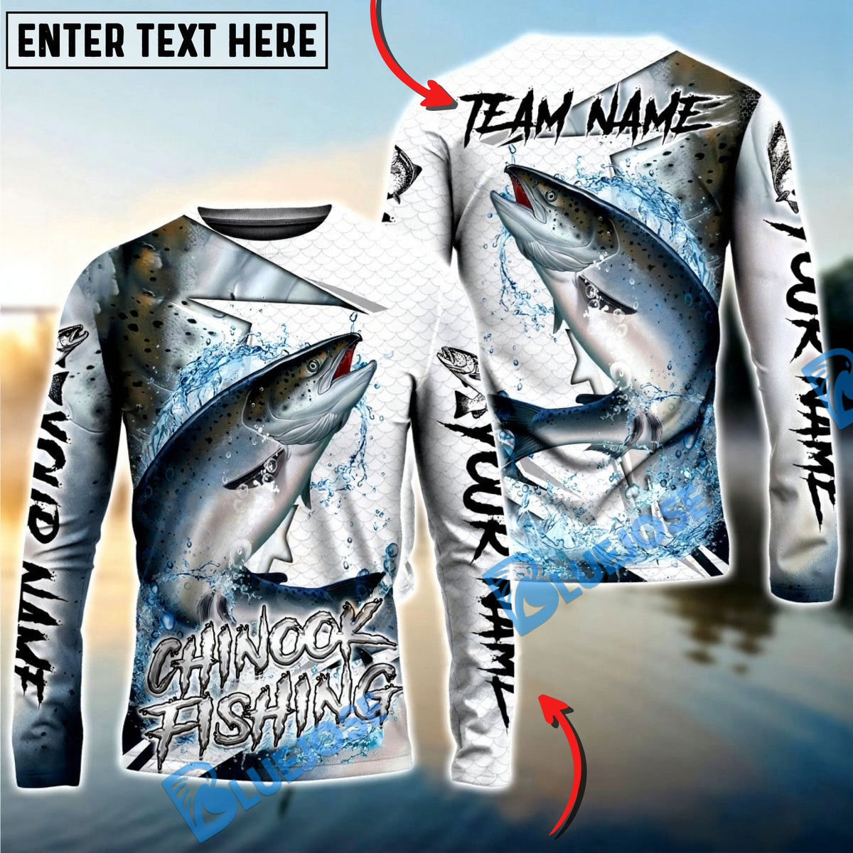 BlueJose Chinook Salmon Fishing Dynamic Splash Skin Net Art Custom Name & Team Name 3D Shirts