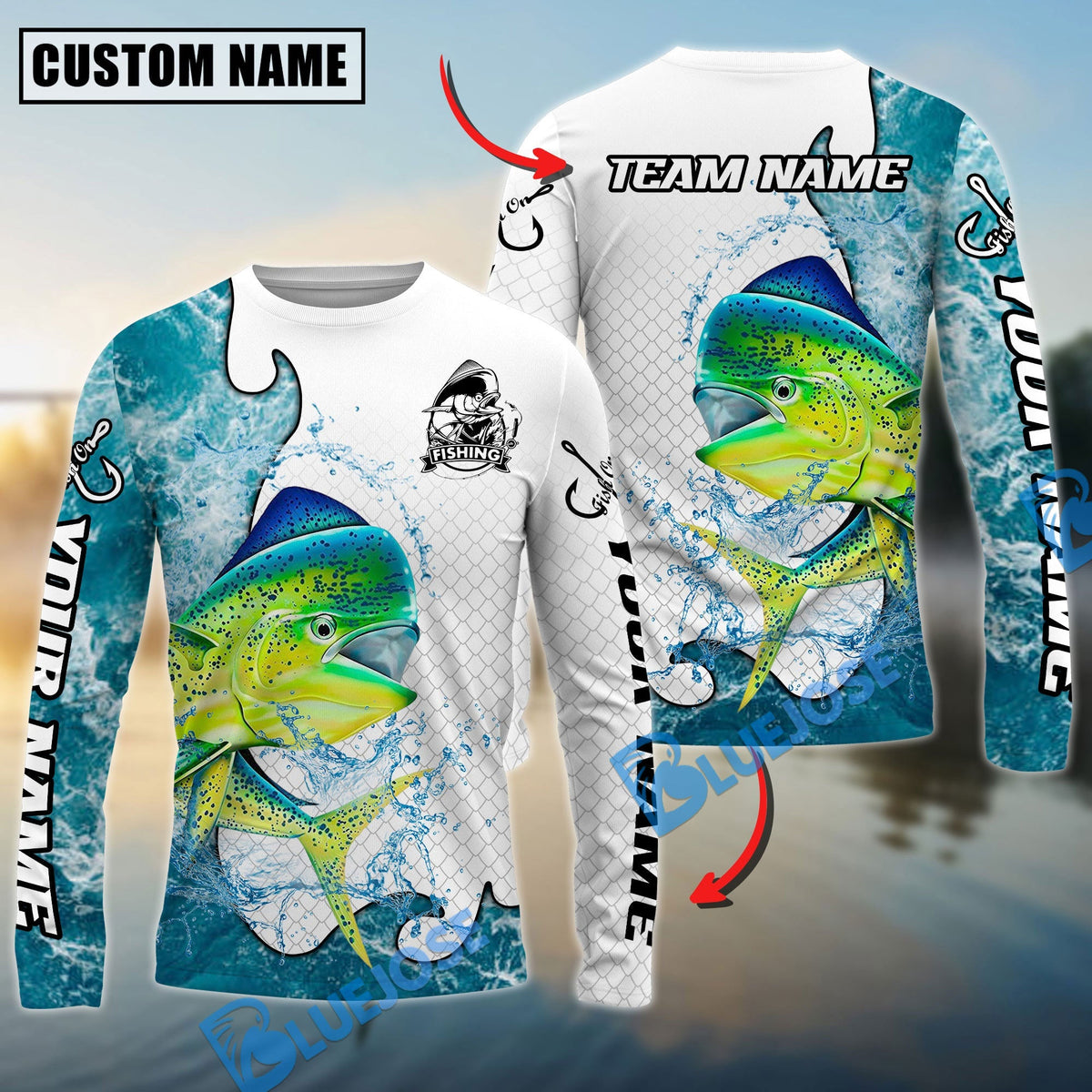 BlueJose Mahi-Mahi Fishing Dynamic Water Splash Scale Pattern Custom Name & Team Name 3D Shirts