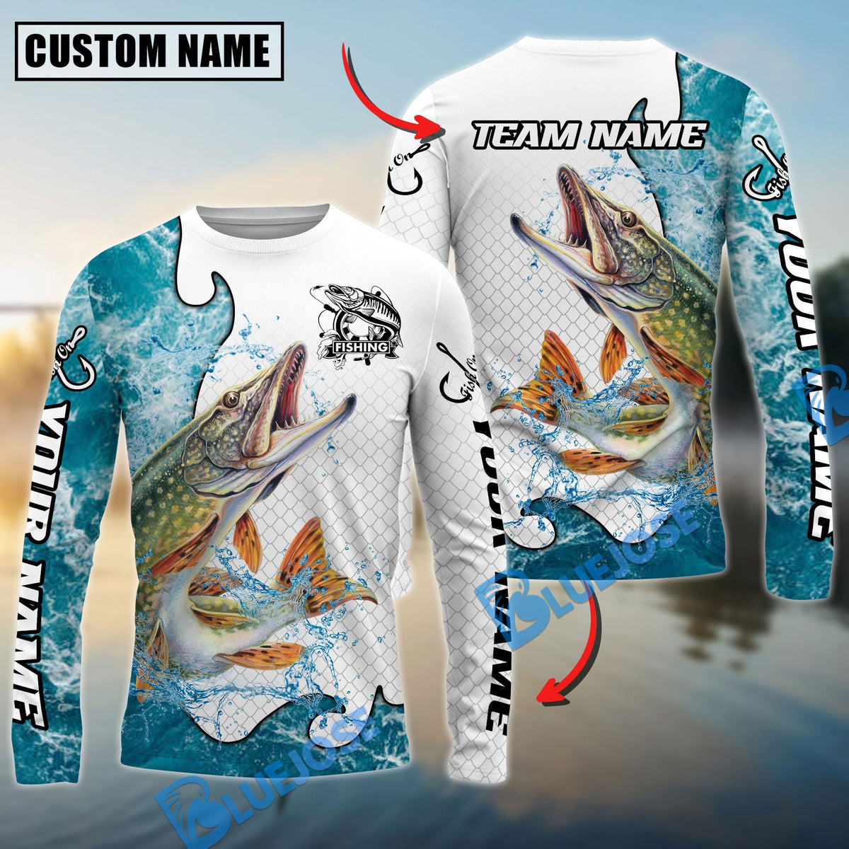 BlueJose Pike Fishing Dynamic Water Splash Scale Pattern Custom Name & Team Name 3D Shirts