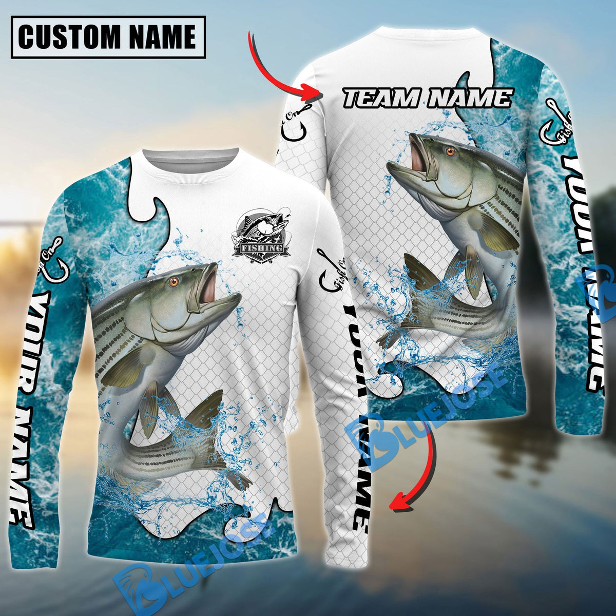 BlueJose Striped Bass Fishing Dynamic Water Splash Scale Pattern Custom Name & Team Name 3D Shirts