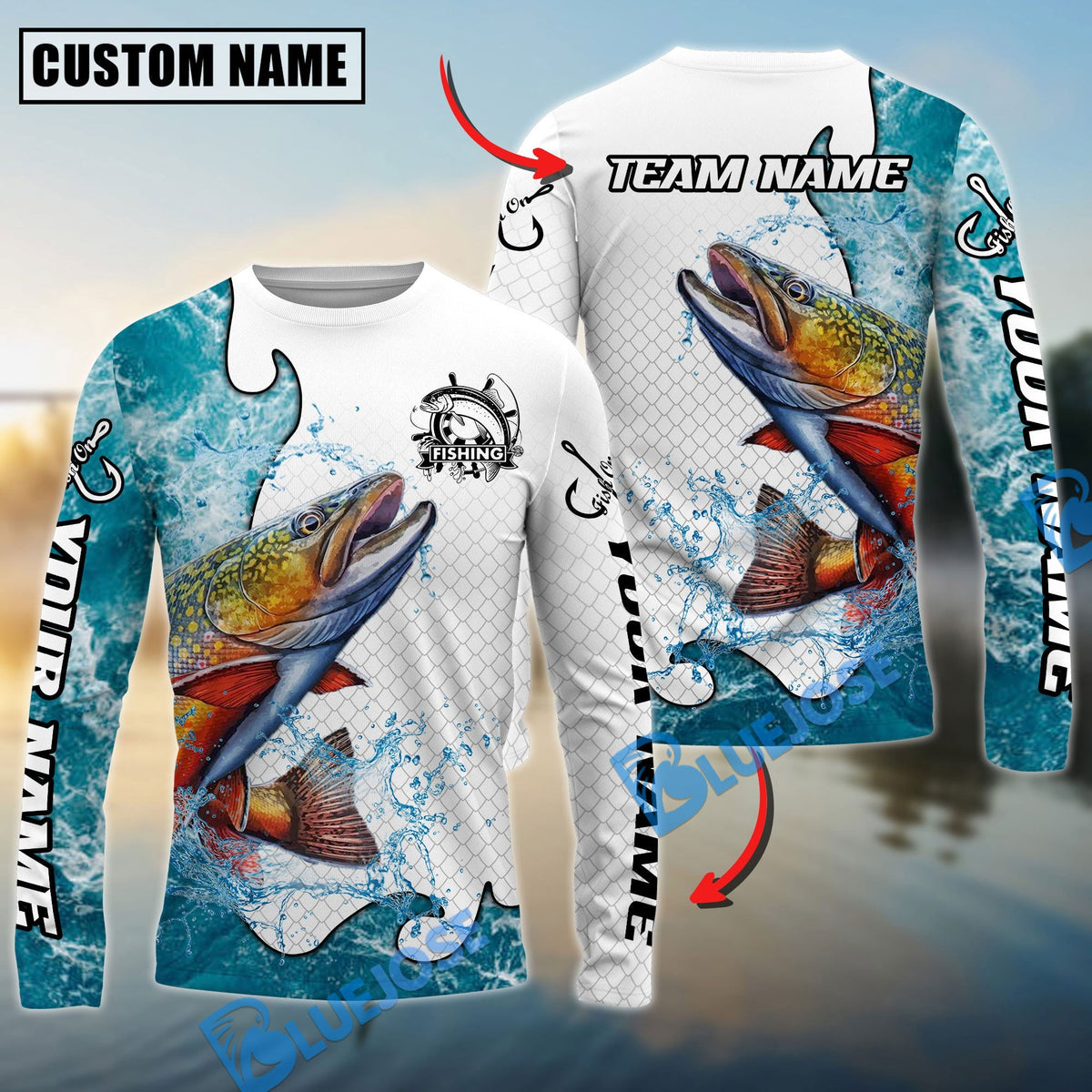 BlueJose Trout Fishing Dynamic Water Splash Scale Pattern Custom Name & Team Name 3D Shirts