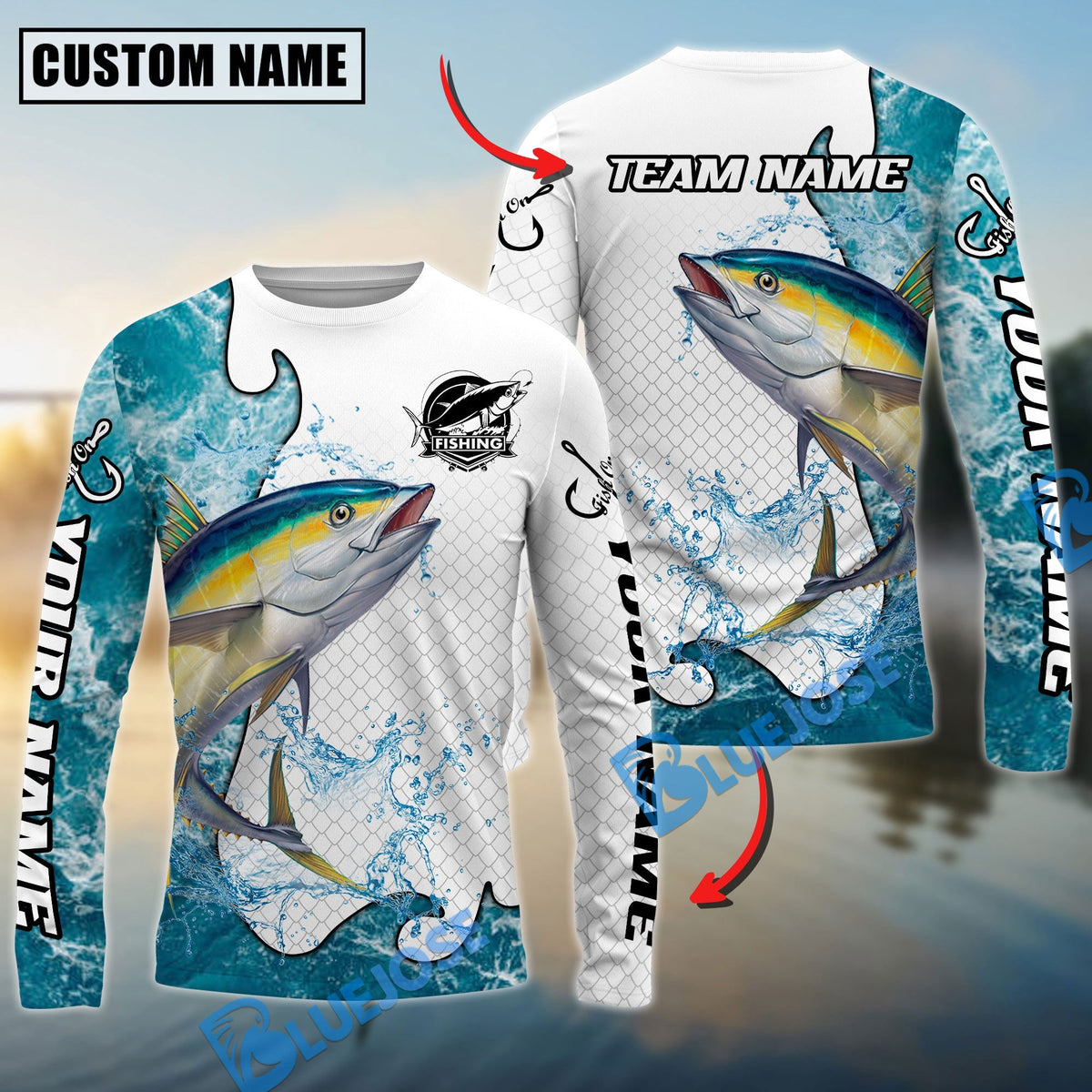 BlueJose Tuna Fishing Dynamic Water Splash Scale Pattern Custom Name & Team Name 3D Shirts
