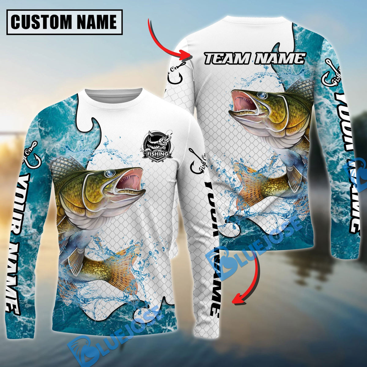 BlueJose Walleye Fishing Dynamic Water Splash Scale Pattern Custom Name & Team Name 3D Shirts