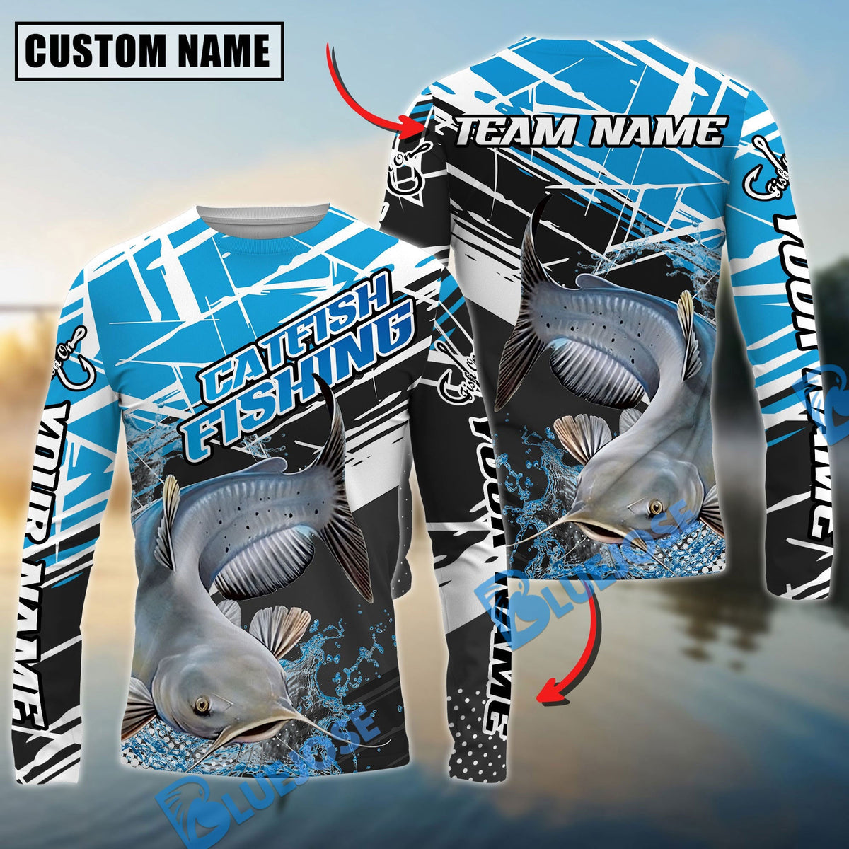 BlueJose Catfish Fishing Dynamic Water Splash Scale Pattern Custom Name & Team Name 3D Shirts