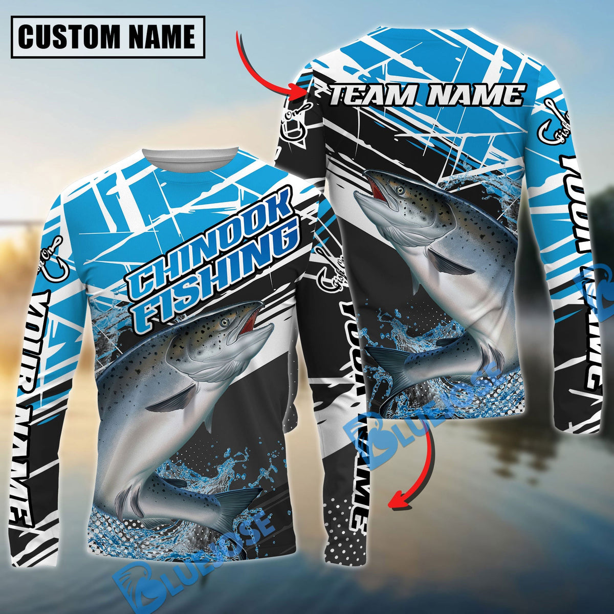 BlueJose Chinook Salmon Fishing Dynamic Water Splash Scale Pattern Custom Name & Team Name 3D Shirts