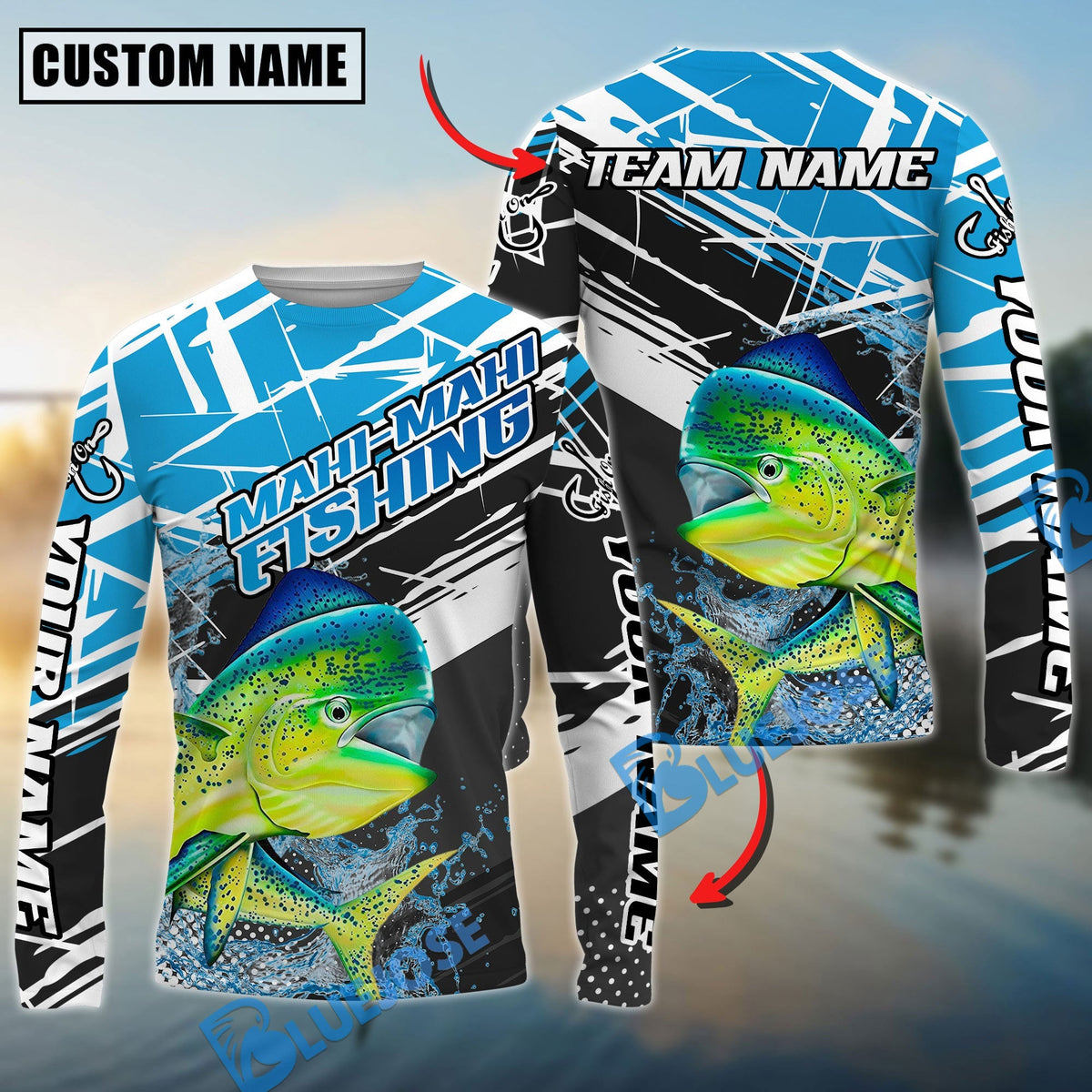 BlueJose Mahi-Mahi Fishing Dynamic Water Splash Scale Pattern Custom Name & Team Name 3D Shirts