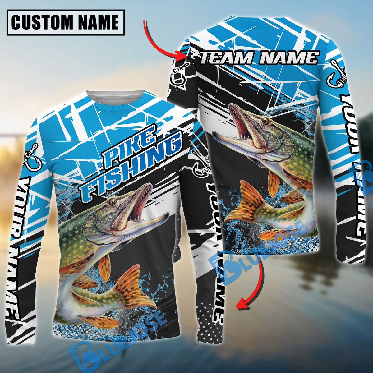 BlueJose Pike Fishing Dynamic Water Splash Scale Pattern Custom Name & Team Name 3D Shirts