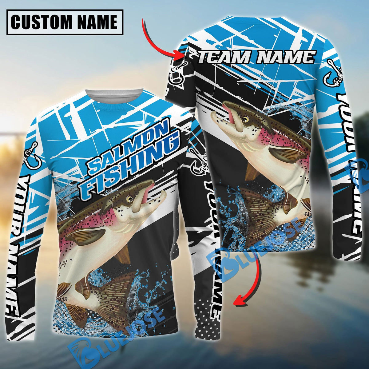 BlueJose Salmon Fishing Dynamic Water Splash Scale Pattern Custom Name & Team Name 3D Shirts