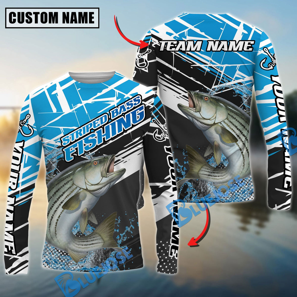 BlueJose Striped Bass Fishing Dynamic Water Splash Scale Pattern Custom Name & Team Name 3D Shirts