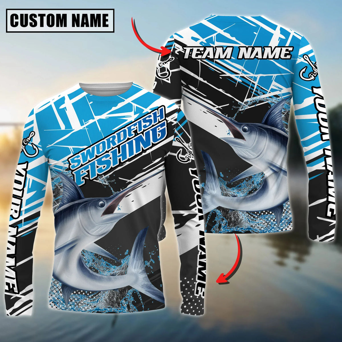 BlueJose Sword Fish Fishing Bold Graphic Splash Contrast Design Custom Name & Team Name 3D Shirts