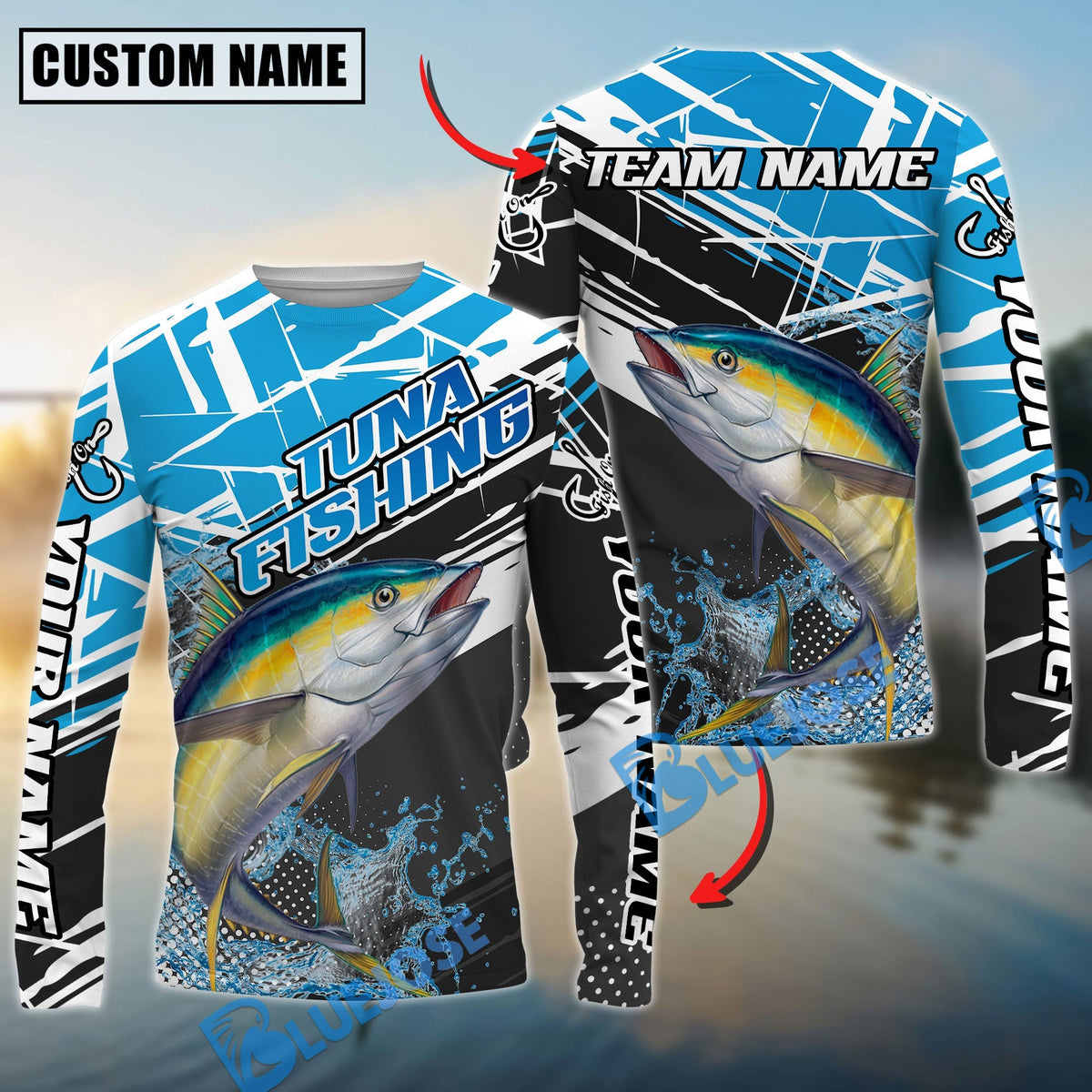 BlueJose Tuna Fishing Dynamic Water Splash Scale Pattern Custom Name & Team Name 3D Shirts