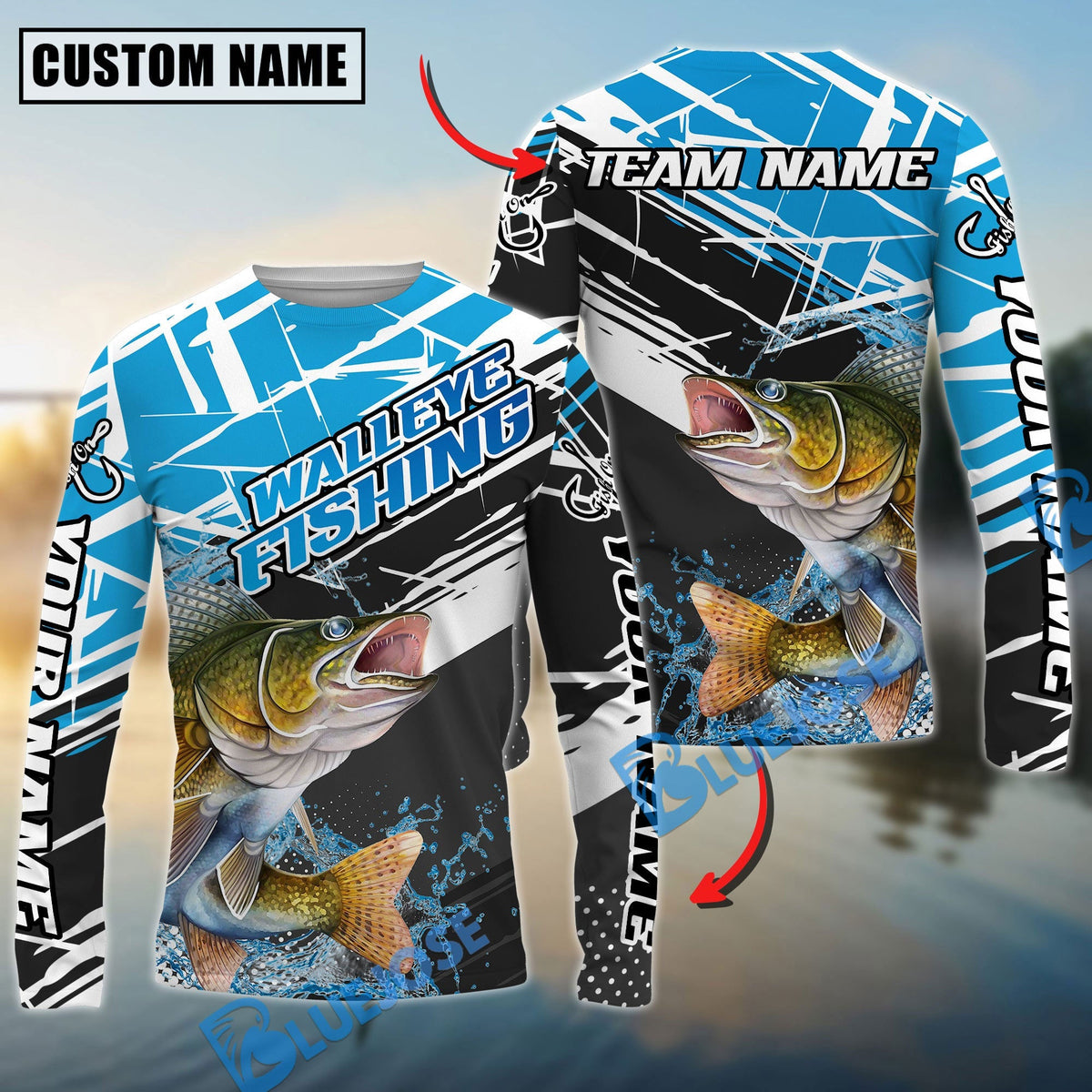 BlueJose Walleye Fishing Dynamic Water Splash Scale Pattern Custom Name & Team Name 3D Shirts