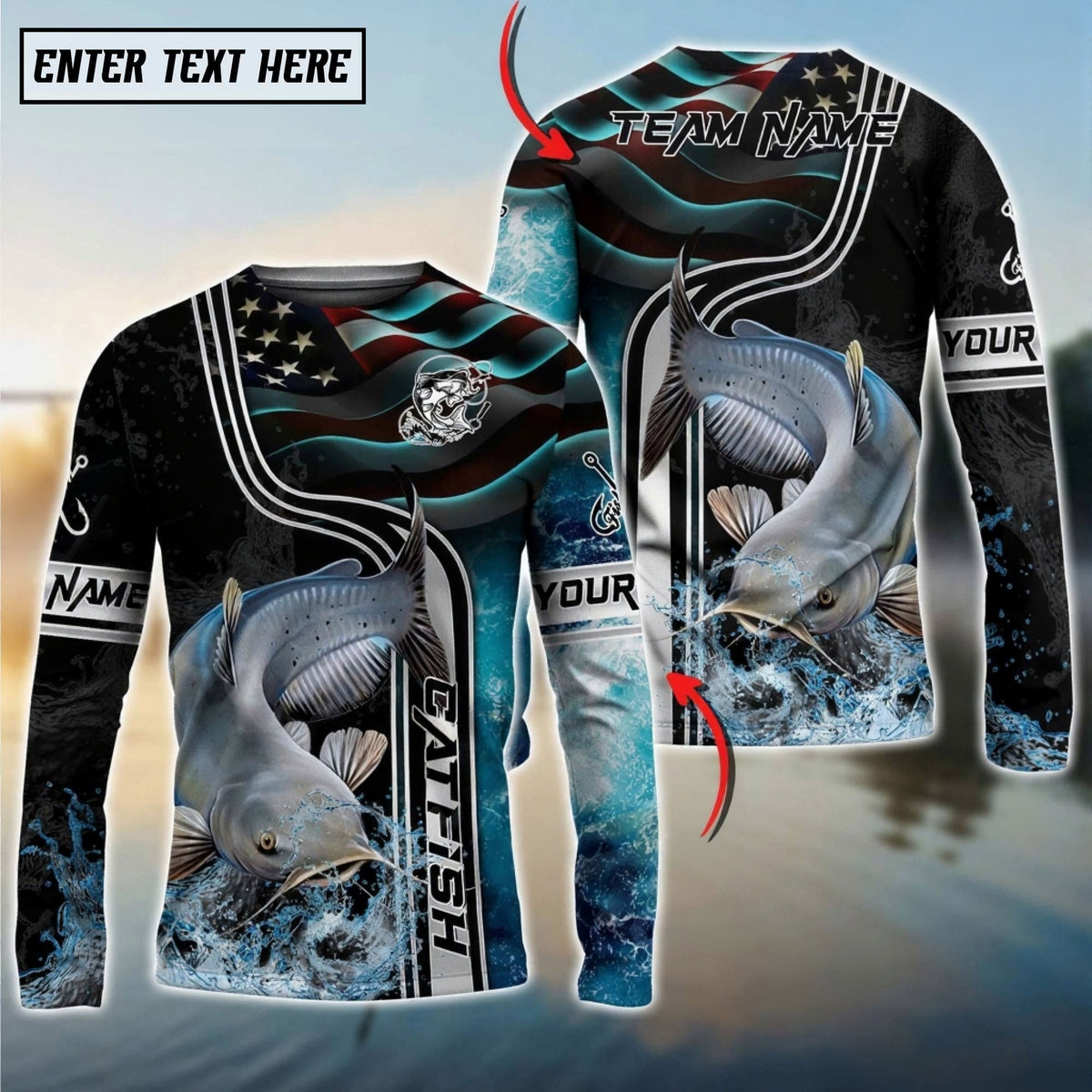 BlueJose Catfish Jumping Fish American Flag Wave Splash Custom Name & Team Name 3D Shirts