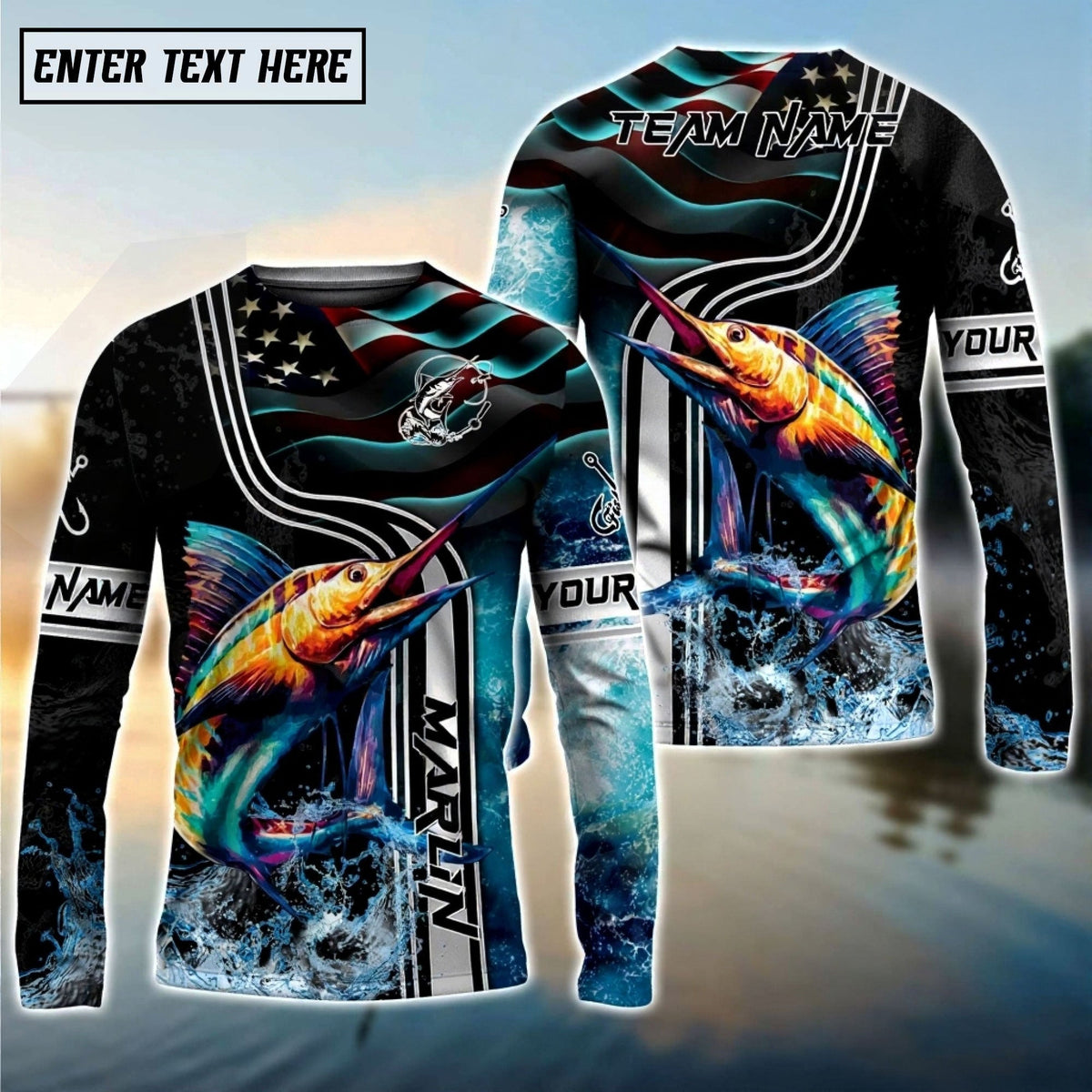 BlueJose Marlin Jumping Fish American Flag Wave Splash Custom Name & Team Name 3D Shirts