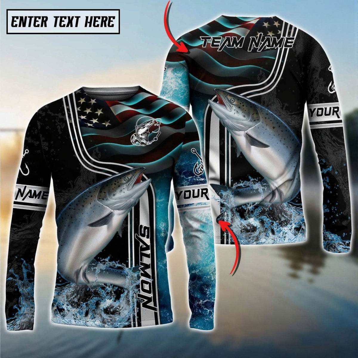 BlueJose Salmon Jumping Fish American Flag Wave Splash Custom Name & Team Name 3D Shirts