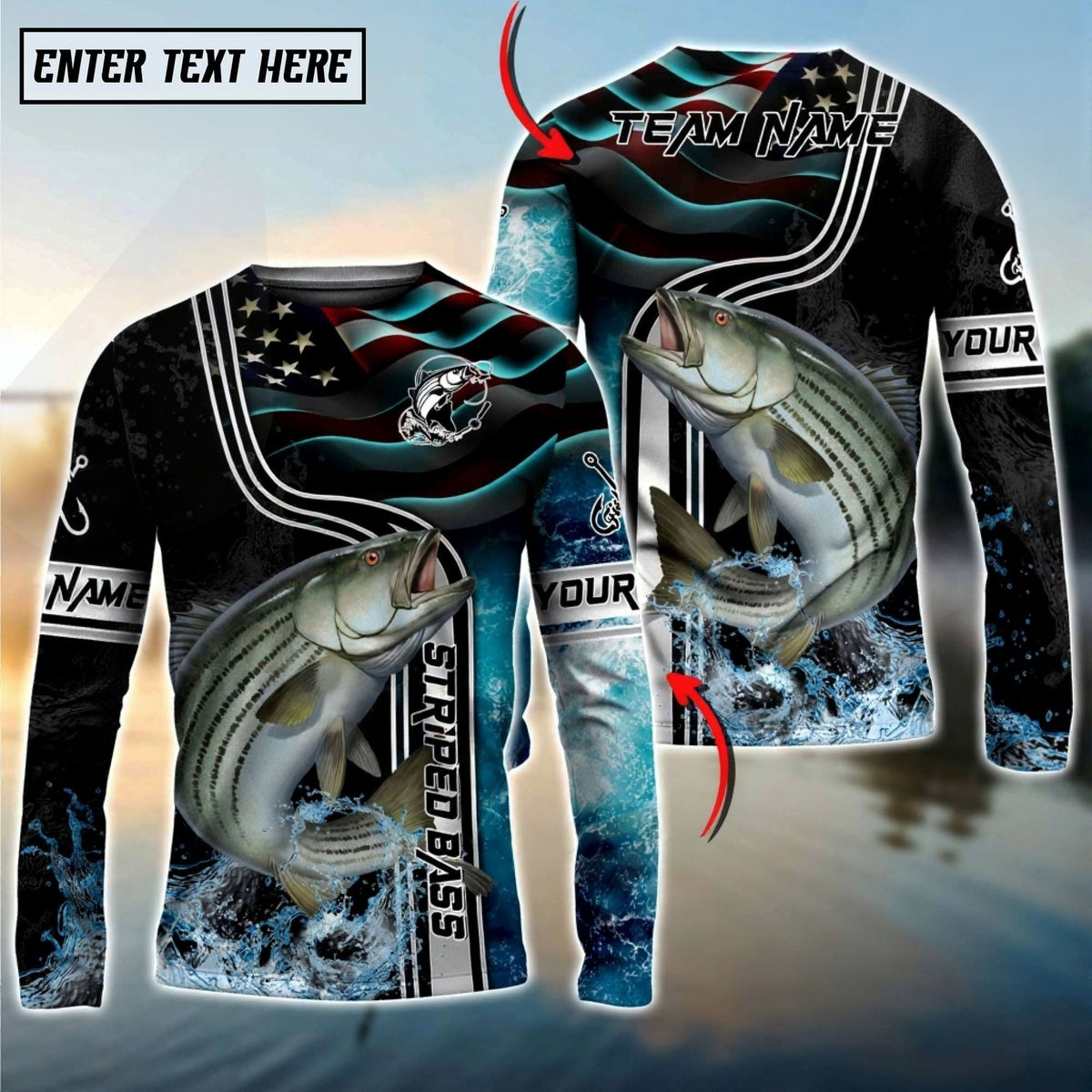 BlueJose Striped Bass Jumping Fish American Flag Wave Splash Custom Name & Team Name 3D Shirts