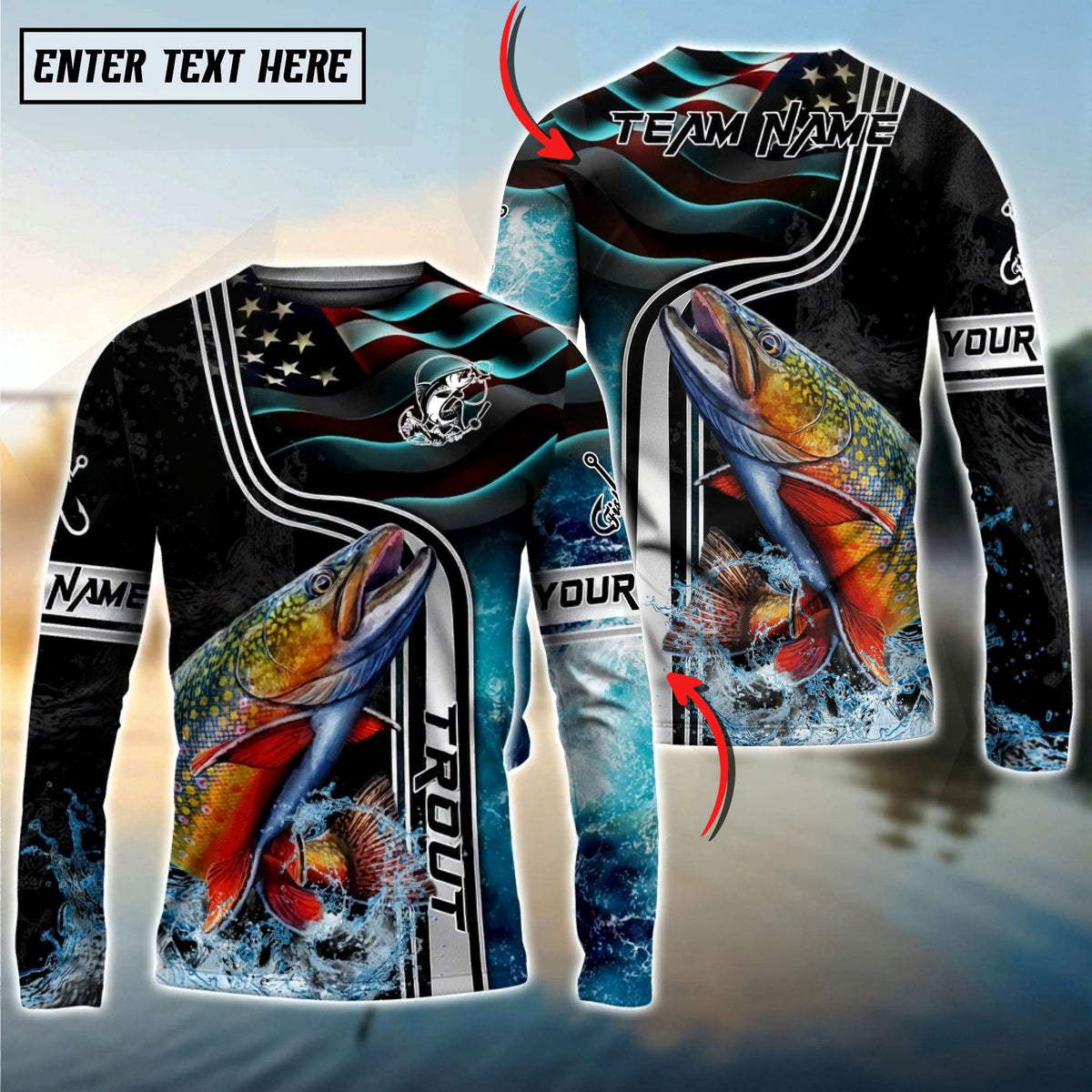BlueJose Trout Jumping Fish American Flag Wave Splash Custom Name & Team Name 3D Shirts