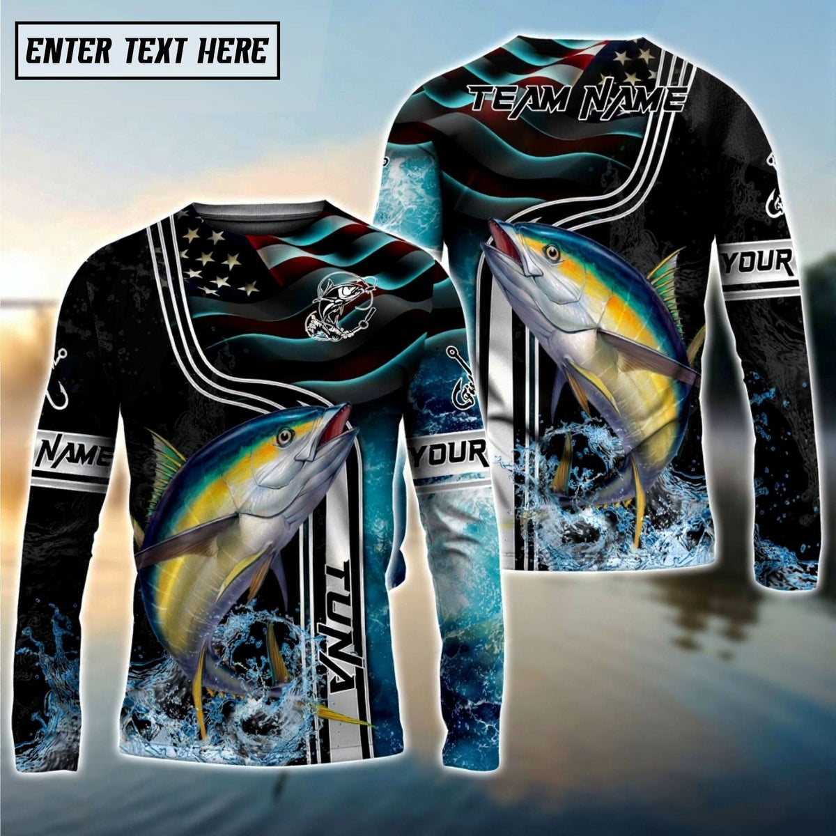 BlueJose Tuna Jumping Fish American Flag Wave Splash Custom Name & Team Name 3D Shirts