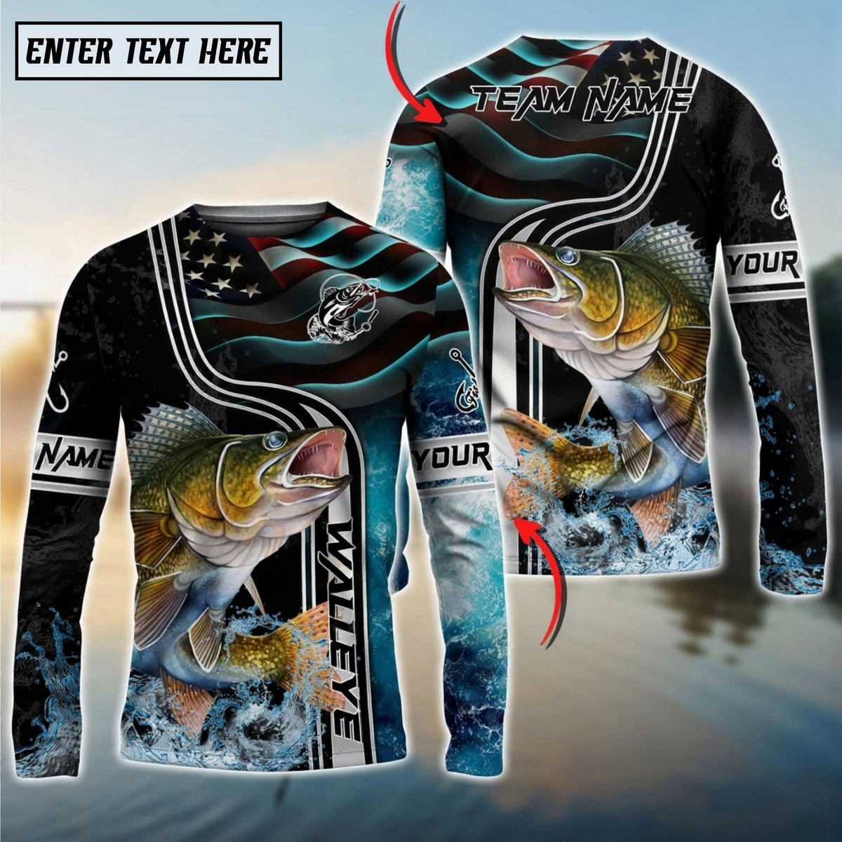 BlueJose Walleye Jumping Fish American Flag Wave Splash Custom Name & Team Name 3D Shirts