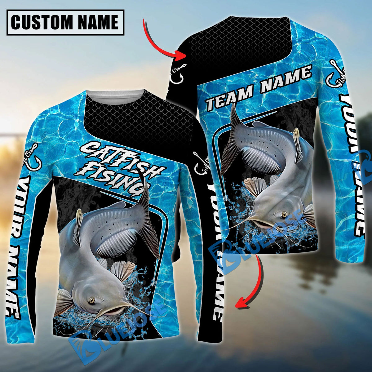 BlueJose Catfish Fishing Jumping Water Splash Art Custom Name & Team Name 3D Shirts
