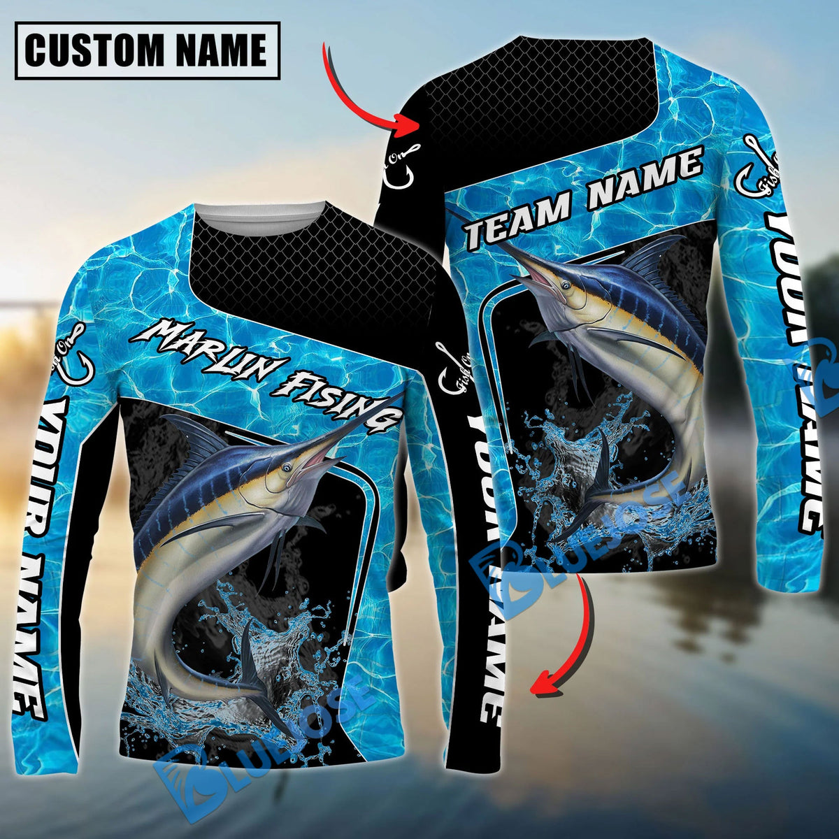 BlueJose Marlin Fishing Jumping Water Splash Art Custom Name & Team Name 3D Shirts