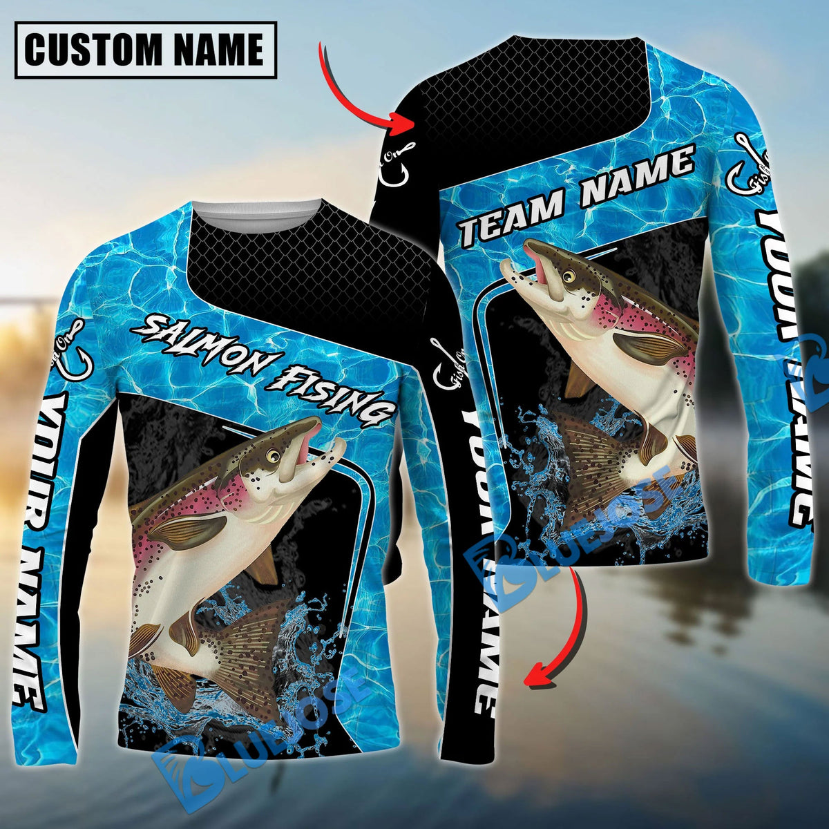 BlueJose Salmon Fishing Jumping Water Splash Art Custom Name & Team Name 3D Shirts
