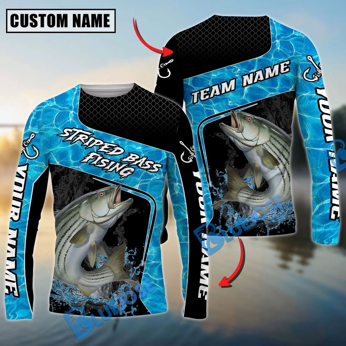 BlueJose Striped Bass Fishing Jumping Water Splash Art Custom Name & Team Name 3D Shirts
