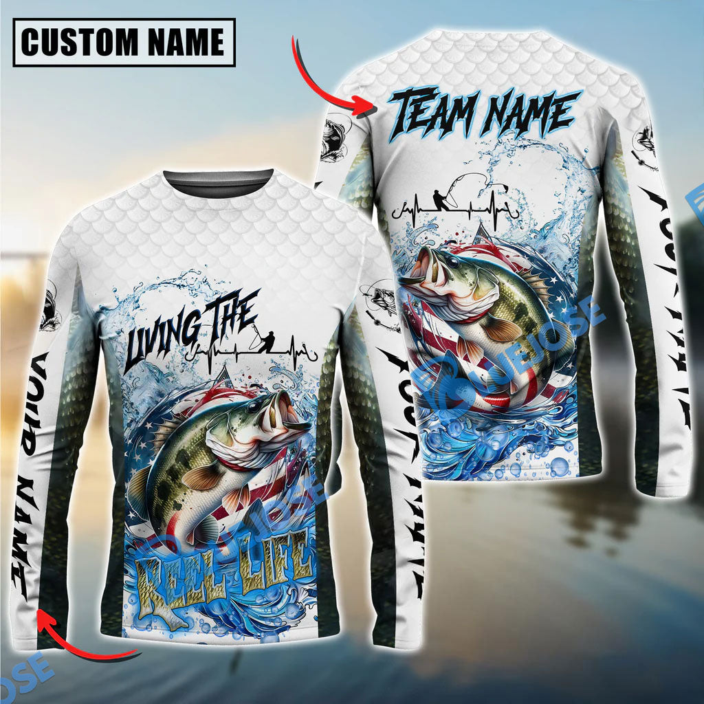 BlueJose Bass Fishing Patriotic Reel Life Design Custom Name & Team Name 3D Shirts