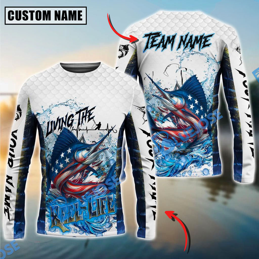 BlueJose Marlin Fishing Patriotic Reel Life Design Custom Name & Team Name 3D Shirts