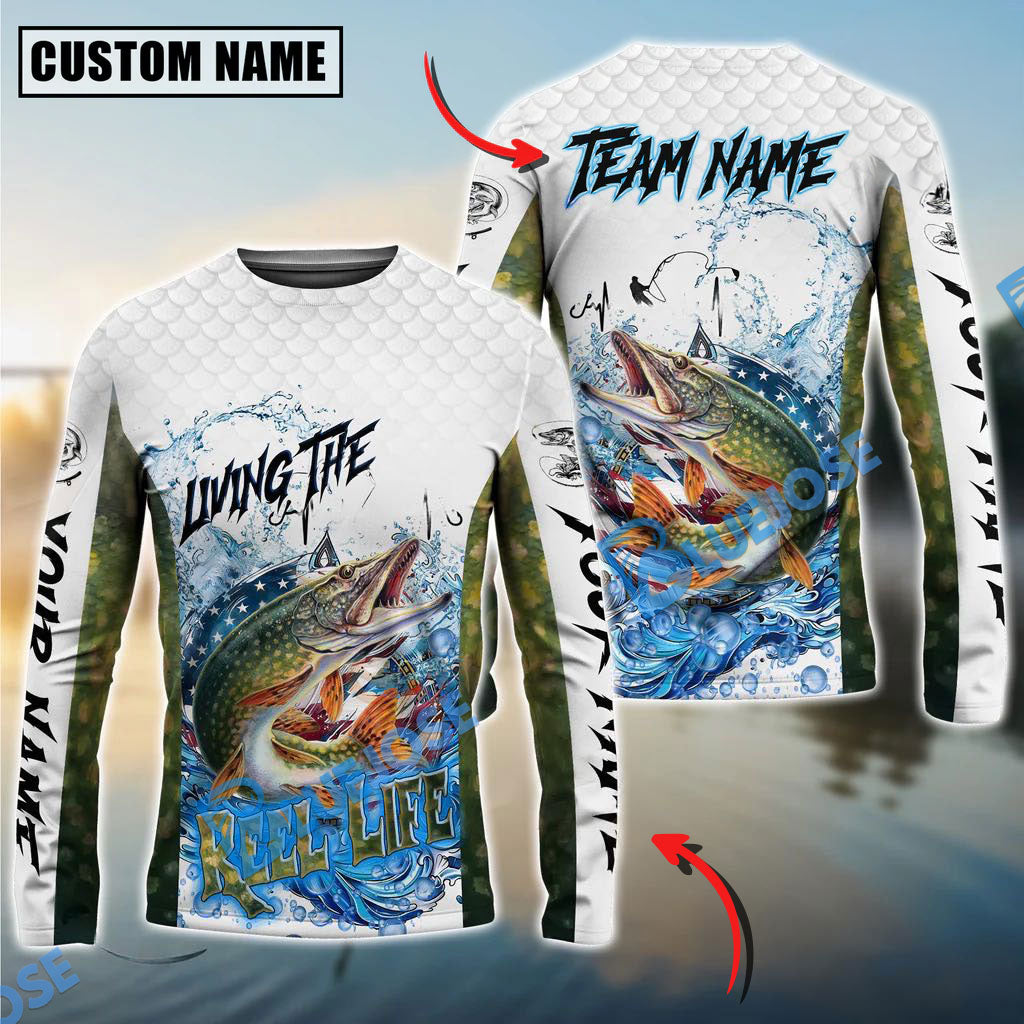 BlueJose Pike Fishing Patriotic Reel Life Design Custom Name & Team Name 3D Shirts